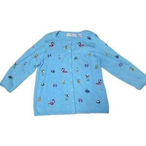 Marisa Christina Blue Silk Blend Cardigan Small Sequin Flamingo Tropical Sweater